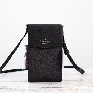 NWT Kate Spade Shimmy Glitter North South Flap Phone Crossbody in Black